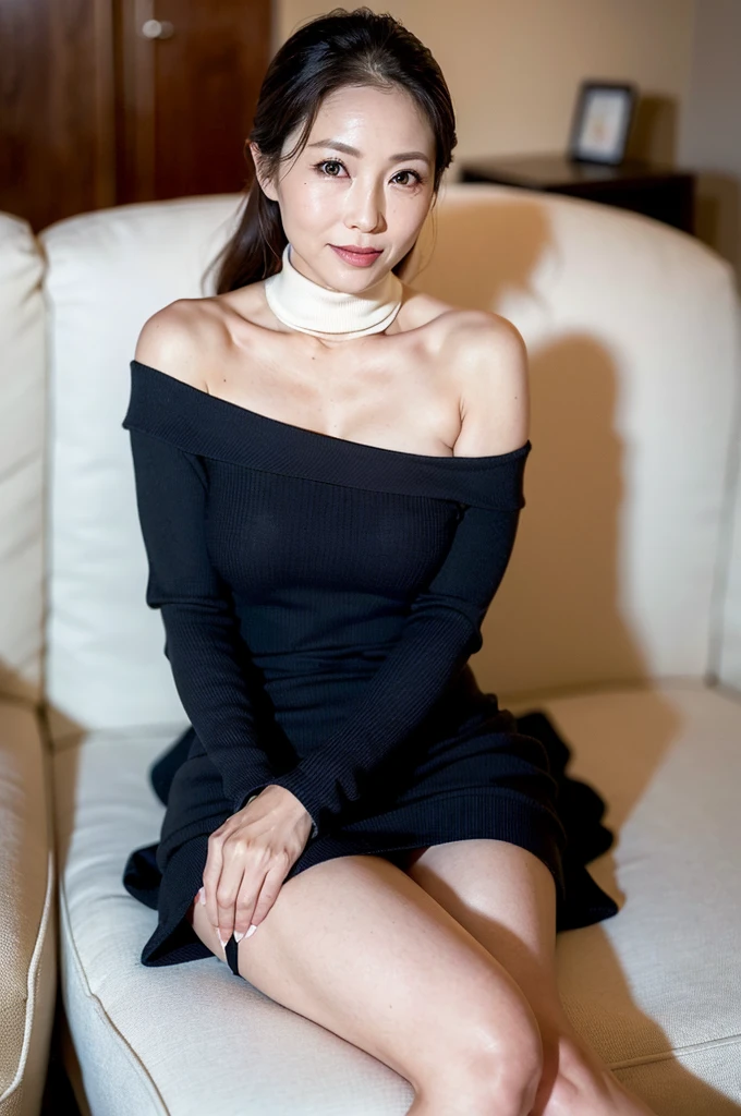 masutepiece, Best Quality, Photorealsitic, 4K, 日本人A MILF, (Solo), (((50 years old))), (Wrinkles at the corners of the eyes:1.5), (nasolabial folds:1.5), ((Large breasts)), (Saggy udder), A MILF, glamor, A sexy, Chromo-white skin, Wavy Longhair, Looking at Viewer, (((my skin is old))), ((muscles are old)), Super large udder, knit turtleneck dress, high-heels, ssmile, Public places,