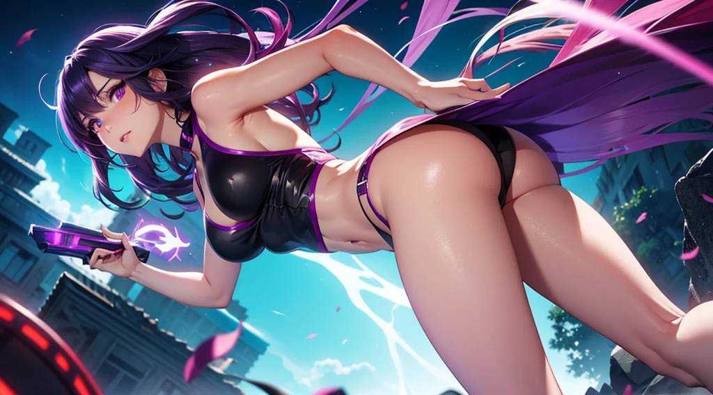 purple hair, risque pose, nsfw, digital illustration, vibrant colors, soft lighting, glowing effects, perfect face, glowing effects, absurdres, ultrasharp, 8K, long hair, seductive, duel knives, chains, assassin, short skirt