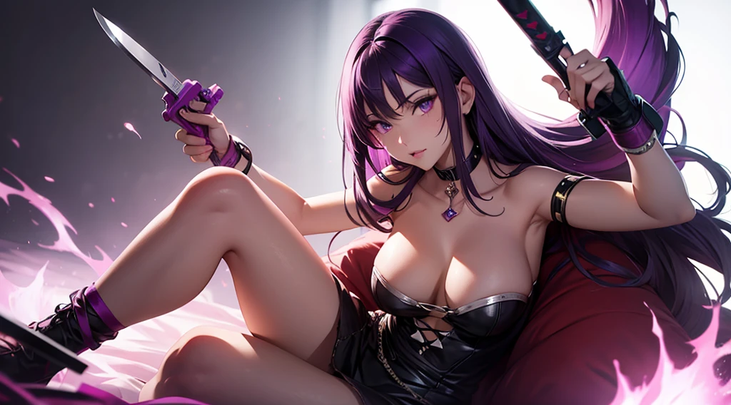 purple hair, risque pose, nsfw, digital illustration, vibrant colors, soft lighting, glowing effects, perfect face, glowing effects, absurdres, ultrasharp, 8K, long hair, seductive, duel knives, chains, assassin, short skirt