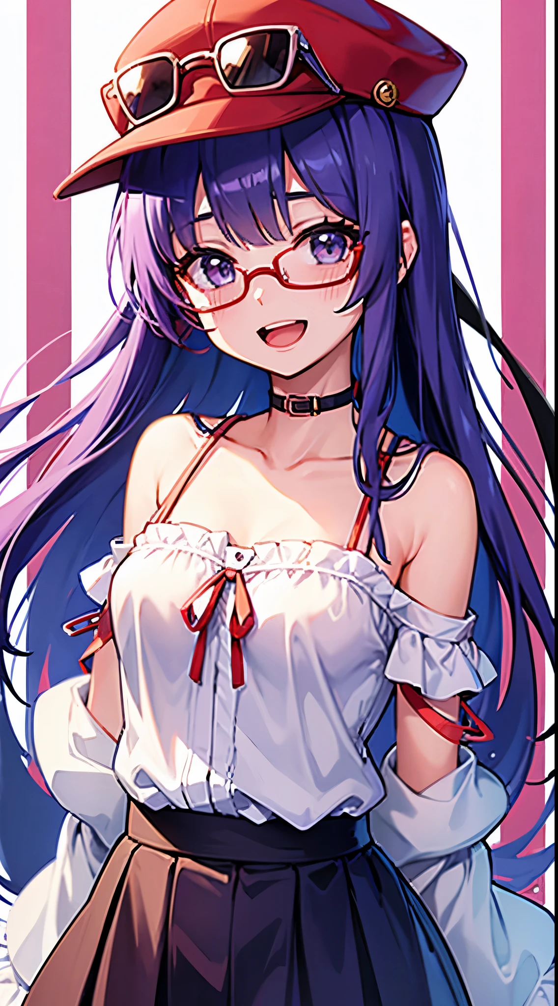 sumire, 1girl, solo, looking at viewer, smile, open mouth, shirt, hat, collarbone, upper body, off shoulder, sunglasses, red headwear, eyewear on head, eyewear on headwear