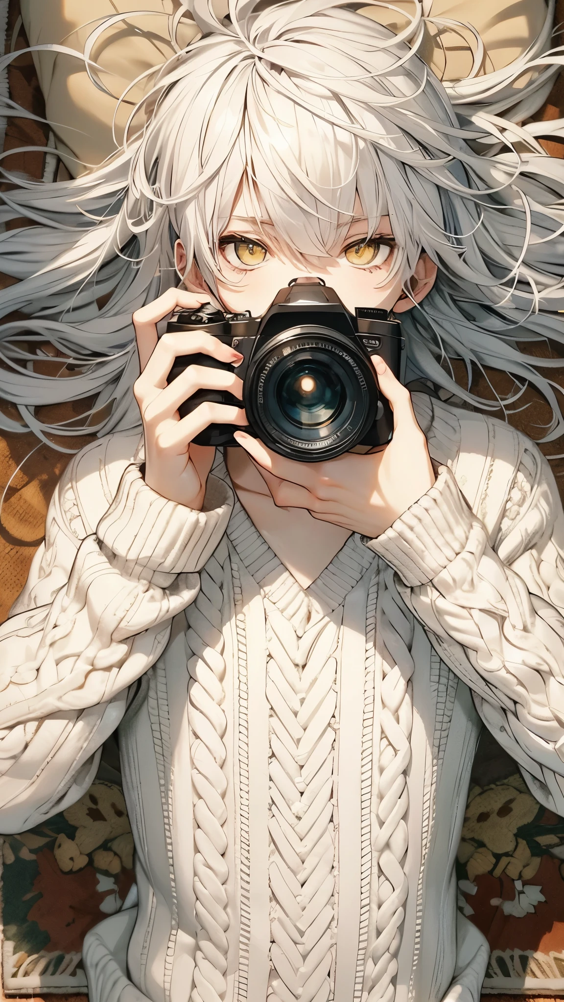 long eyes, Young male, white long hair with bangs covering the forehead, yellow eyes, sharp gaze looking directly at the camera, holding a camera with one hand, posing with the camera, wearing a white cable knit sweater, lying on a decorative-patterned carpet, shot from above, calm and relaxed expression, natural light filling the room, soft atmosphere. high quality, amount of drawing, pixiv illustration