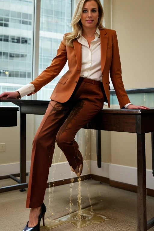 tall blonde, tan business pants, heels, ((pee stain)), show heels