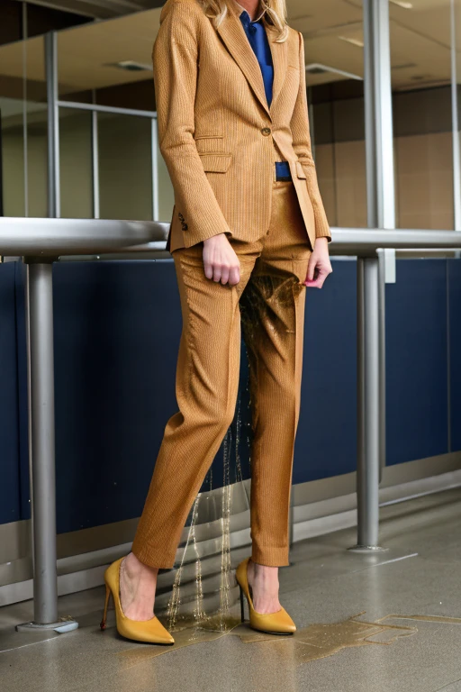 tall blonde, tan business pants, heels, ((pee stain)), show heels