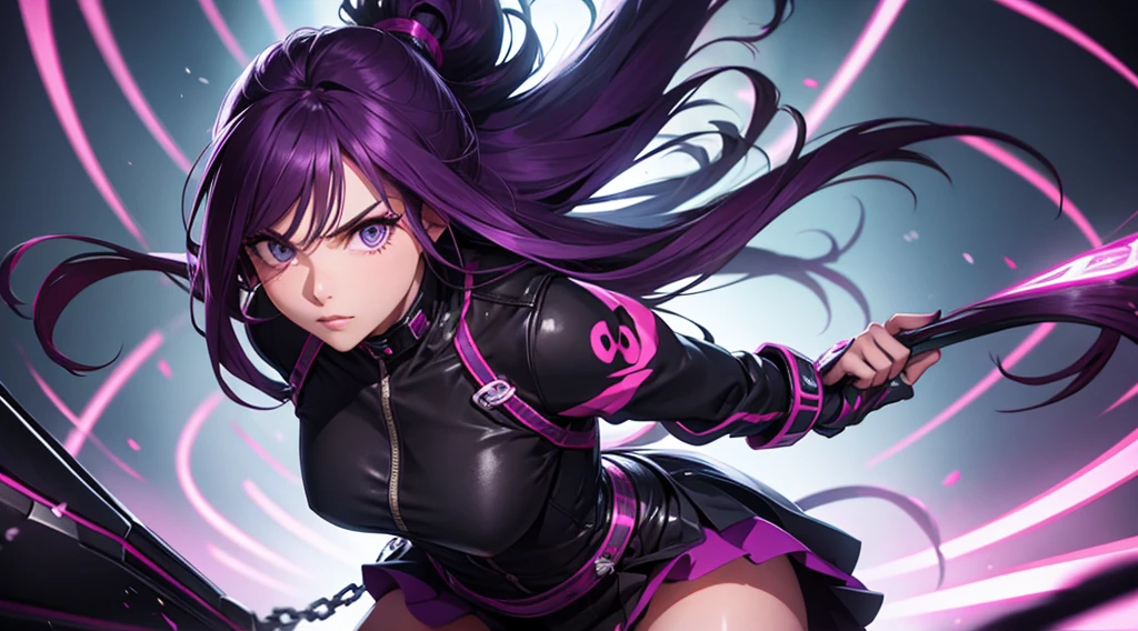 rider, purple hair, risque pose, digital illustration, vibrant colors, soft lighting, glowing effects, perfect face, glowing effects, absurdres, ultrasharp, 8K, long hair, seductive, duel knives, chains, assassin, short skirt