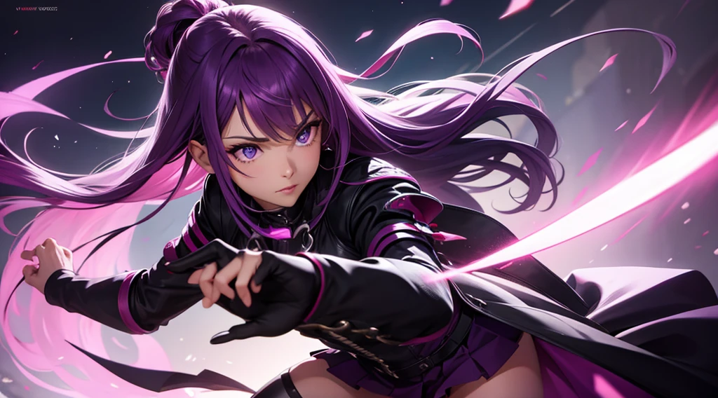 rider, purple hair, risque pose, digital illustration, vibrant colors, soft lighting, glowing effects, perfect face, glowing effects, absurdres, ultrasharp, 8K, long hair, seductive, duel knives, chains, assassin, short skirt