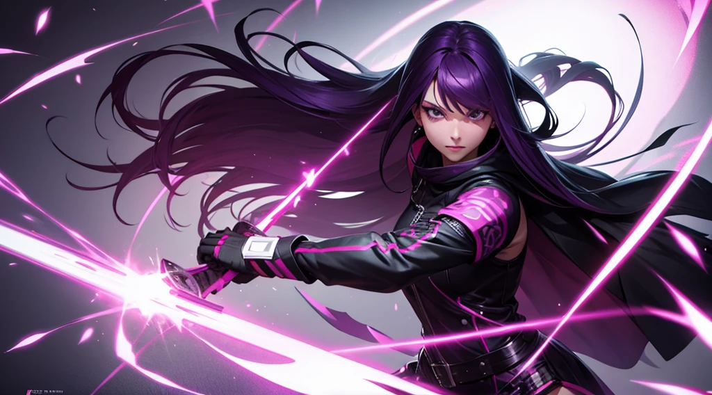 purple hair, risque pose, digital illustration, vibrant colors, soft lighting, glowing effects, perfect face, glowing effects, absurdres, ultrasharp, 8K, long hair, seductive, duel knives, chains, assassin, short skirt