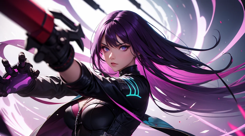 Estilo de dibujo Danganronpa, una sola chica de cuerpo completo, 20 years old,  mirando de frente, alta y delgada, con caderas anchas, pechos enormes y ajustados, cabello lizo y largo color negro, con un casco integral de motocicleta color morado y con su lente completamente oscura, con un traje de carreras ajustado que cubre por completo su cuerpo y de color morado y azul oscuro, con guantes de motociclista negros, y botas de motociclista negros
