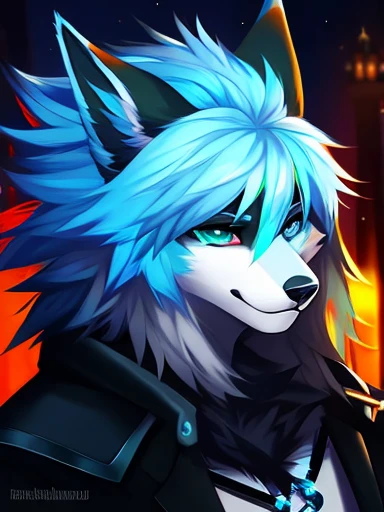 lobo de anime com olhos azuis e cabelo azul:1.5, Fursona art, personagem peludo portrait, lobo peludo, very very beautiful Arte peluda, furry Fursona, Arte peluda, Arte peluda!!!, Fursona!!!!, cara de lobo antro, personagem peludo, com pelo azul e olhos azuis, wolf Fursona, olhos azuis brilhantes, arte digital peluda, Angiewolf, Retrato de antro lobo peludo macho ciano e branco, olhos azuis, cabelo ciano grande e liso, mechas de cabelos brancos, gothic coat ,cabelo detalhado, olhos altamente detalhados, olhos azuis, highly detailed face features, highly detailed night scenery, highly detailed gothic digital art.