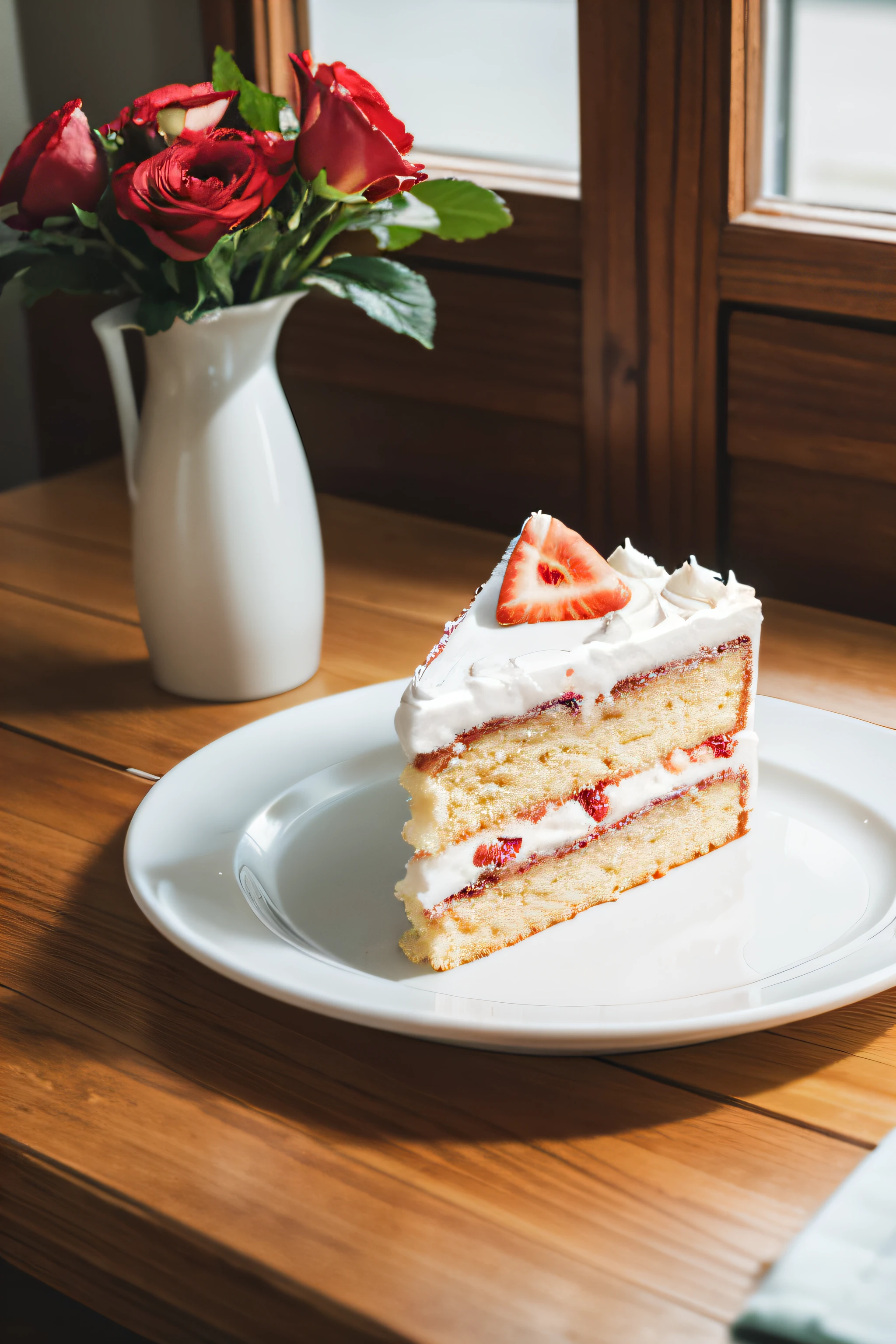 in a coffee shop,porcelain plate on wooden table,There is a piece of strawberry cream cake on the porcelain plate,There is a vase on the table,put flowers,And coffee,The best composition,There is warm light,triangular composition,Close-up cleavage,Place the cake in the middle,Coffee diagonally behind,There are flowers in the back,depth of fields,There are no strawberries growing on the flowers,Cake close up,Zoom in to see details,Realistic light and shadow,8