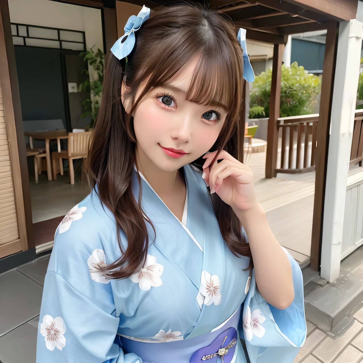 (Light blue kimono:1.2)、(Bright floral pattern)、1 girl、full body Esbian、Underwear、(Brown hair、Medium Hair, Twin tail,)、(reallistic:1.7)、((Top image quality))、(超A high resolution)、、17-year-old schoolgirl、(Pure white underwear)、(Big, ample breasts and beautiful eyes:1.2)、((((face perfect))))、(cute little)、outside of house、sexypose、詳細なcute little顔、Realistic Beauty、Light in the eyes、