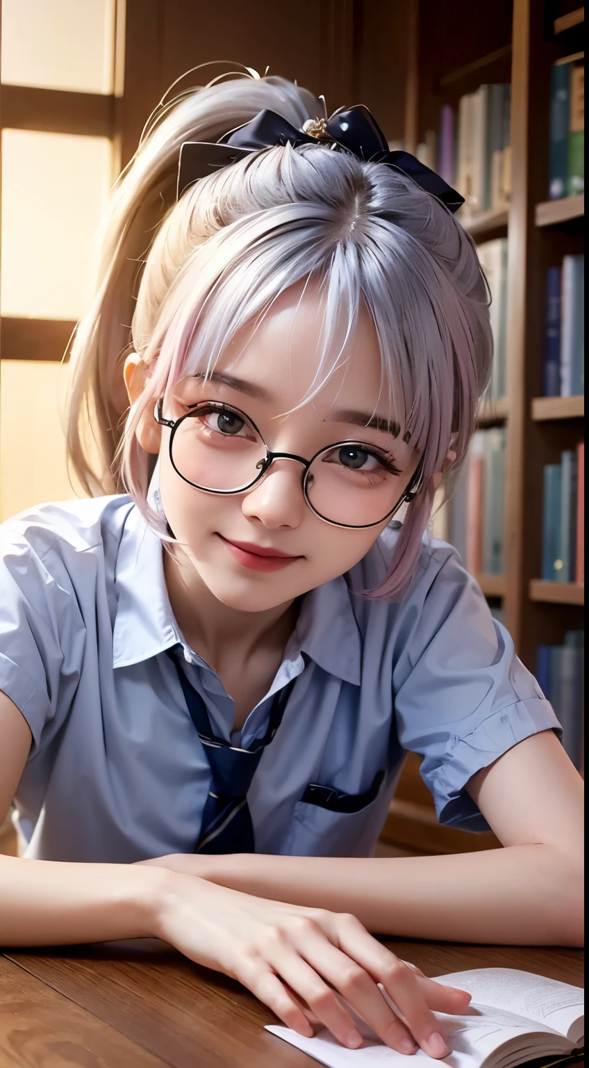 Best quality at best at best,tmasterpiece,Extremely Delicately Beautiful,The content is very detailed,CG,gatherings,8k wallpaper,An Astonishing,depth of fields,1 little Chinese girl,12 year old Chinese child,Very cute look,delicate skin,Flawless Face,plain face,white color hair,mid - length hair,high ponytails,Striped hair, There are two strands of white hair on both sides of the ears,Wear pink hair accessories,The color of the eyes is blue,Elaborate Eyes,Wear fine-rimmed glasses), sparkle in eyes,thinking face, Smiling (Wear a school uniform,white short sleeve), sitting down, Learn,intermittently, lying on the table, get a pencil, opened book, glass of milk, table light, intermittently, In the library, Wall decoration, Mini library, glass window, wall clock, intermittently, 电影灯光, realistically, tmasterpiece, Best quality at best, Complex CG, The face is very detailed, High detail eyes