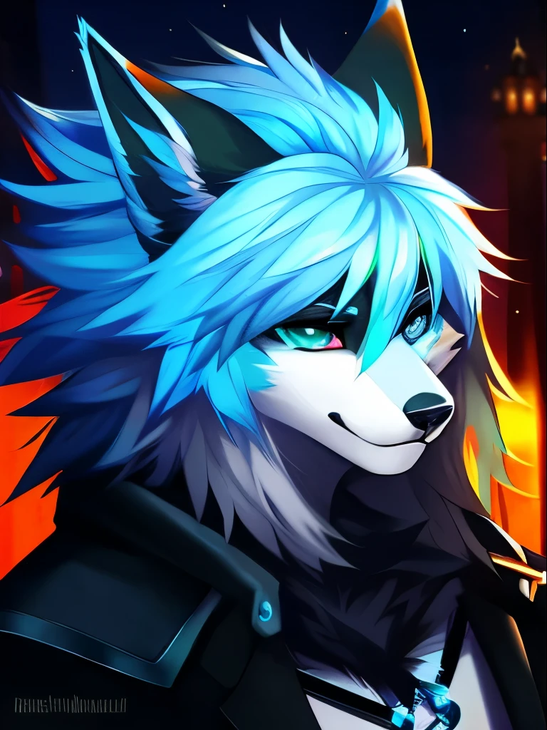 lobo de anime com olhos azuis e cabelo azul:1.5, Fursona art, personagem peludo portrait, lobo peludo, very very beautiful Arte peluda, furry Fursona, Arte peluda, Arte peluda!!!, Fursona!!!!, cara de lobo antro, personagem peludo, com pelo azul e olhos azuis, wolf Fursona, olhos azuis brilhantes, arte digital peluda, Angiewolf, Retrato de antro lobo peludo macho ciano e branco, olhos azuis, cabelo ciano grande e liso, mechas de cabelos brancos, gothic coat ,cabelo detalhado, olhos altamente detalhados, olhos azuis, highly detailed face features, highly detailed night scenery, highly detailed gothic digital art.