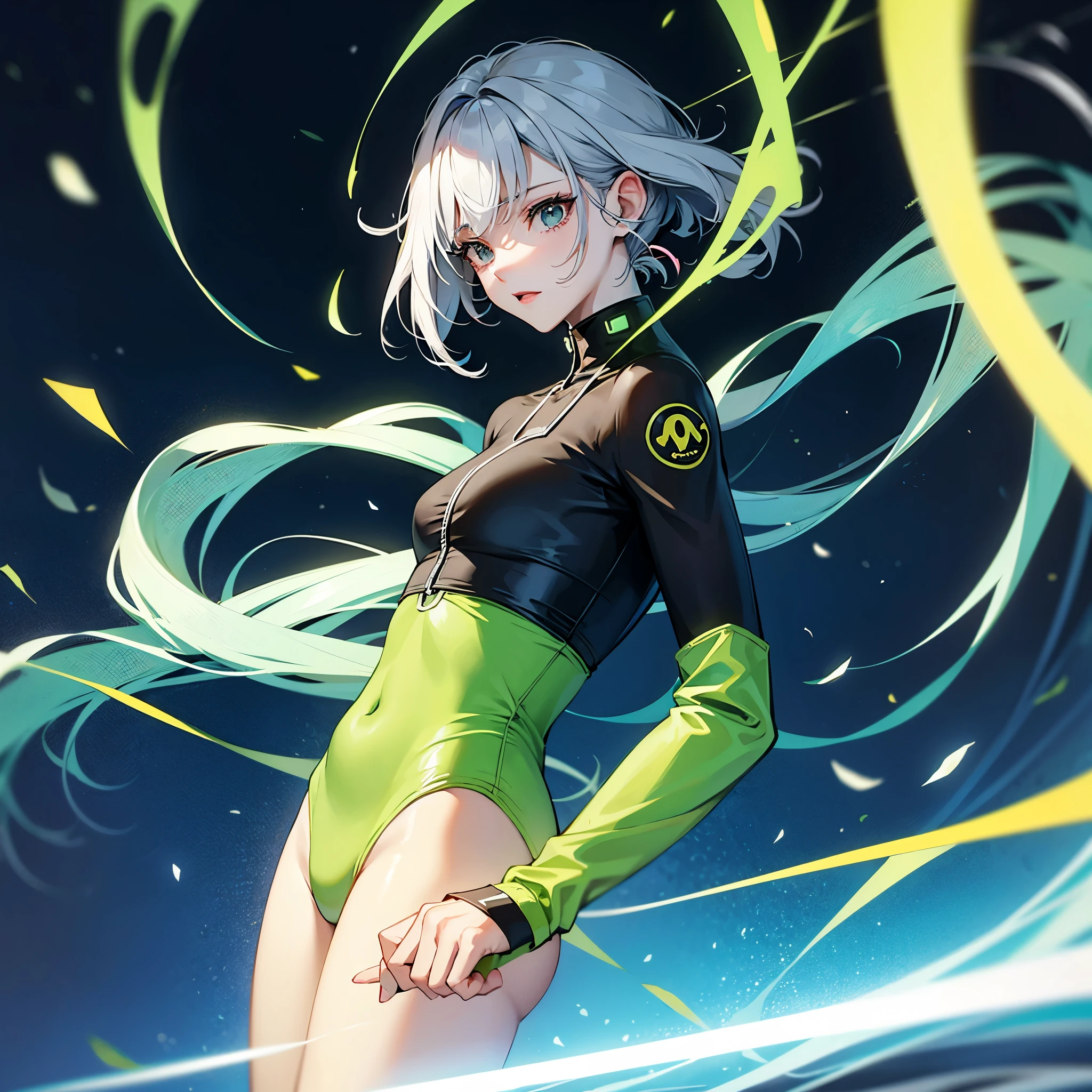 A cyber hero boy rests on a cloud, surrounded by a circle on the screen. Ele veste roupa techwear preta e verde, cabelos longos ao vento, com botas irradiando raios verdes. in the arms, segura um cachorro, compartilhando a jornada. Estilo: desenhado ou anime.