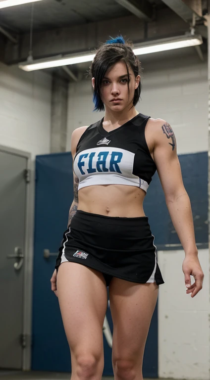 Young white women lacrosse player , 17 years old, punk haircut, black hair, intense blue eyes, intense gaze, affiliated features, no facial hair, height 1.88, weight 90 kg, muscular build, broad shoulders, V-shaped body, tattoos, full body focus, completely hairless,
