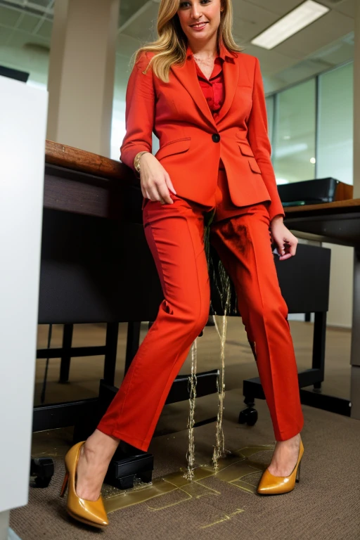 tall blonde, tan business pants, heels, ((peeing self)), show heels