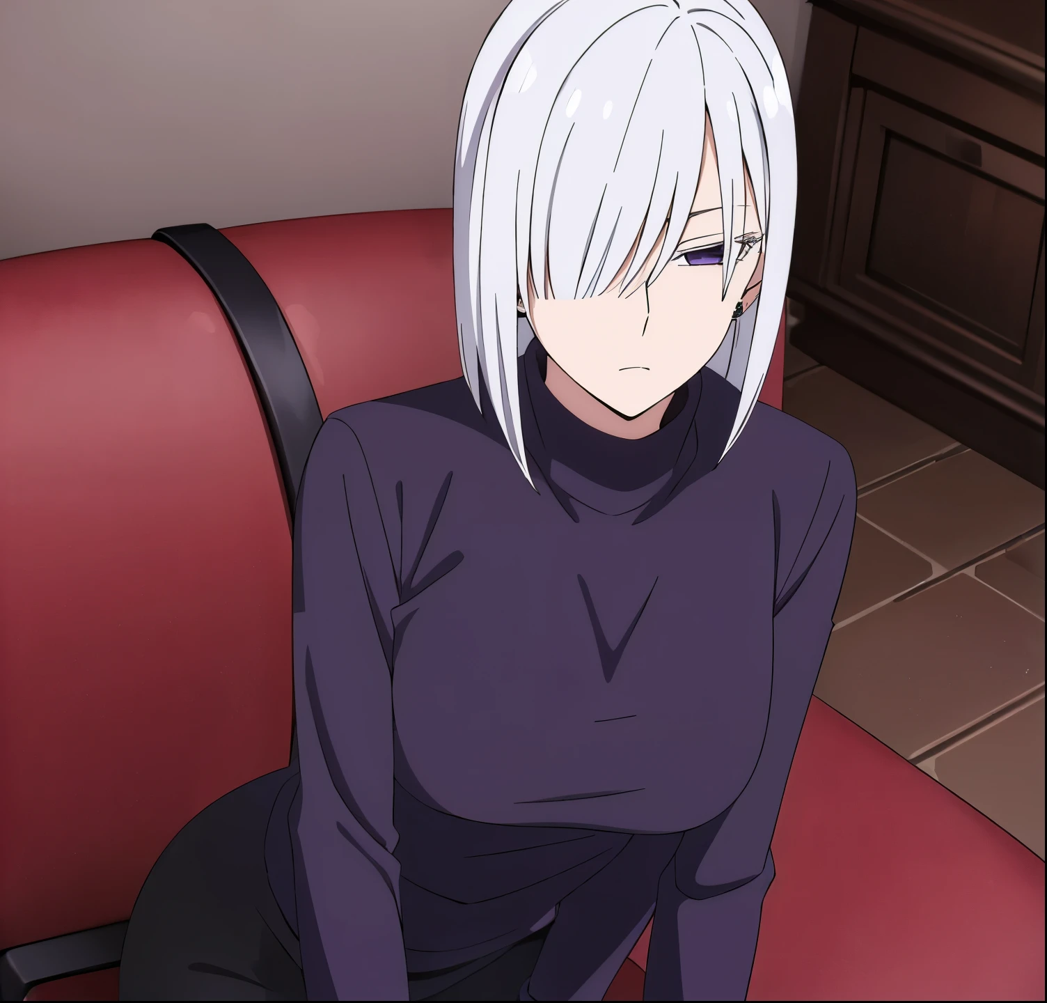 (masterpiece, best quality:1.2), solo, 1girl, fiona frost, expressionless, closed mouth, sitting, white hair, purple eyes, black turtleneck, long sleeves, black pants, black gloves, jewelry, earrings, large breasts