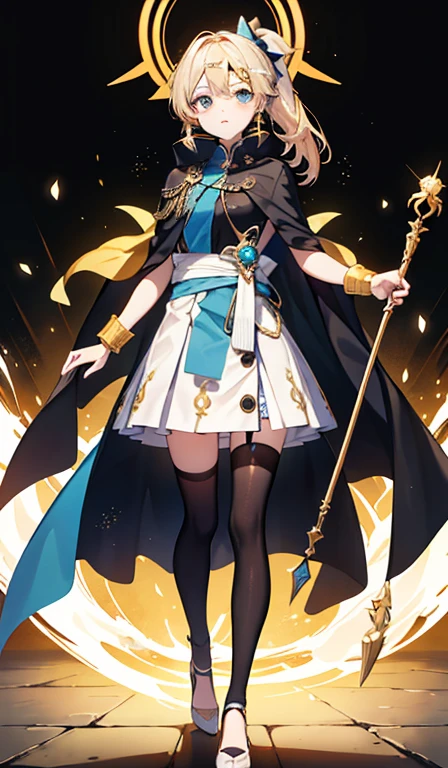 Long staff, magical staff, Long wand, Ark of tomorrow style,(tmasterpiece:1.4,Best quality))++,(hyper-detailing)+,(Best quality,hyper-detailing,vibrant with colors,rich colourful,dyna角度,hight contrast:1.2),A teenage girl,Height 146cm,archetype:catss,short,长着golden colored的catss耳和catss尾巴,high twintail ,Hair color:golden colored, eyecolor:golden colored ,white colors小雏菊((symbol)),Small dress+shawl+Small leather shoes,及膝短white colors丝袜,short sleeve skirt,shawl要长过裙子(like a cloak),The overall color is:white colors,mint green,orange colors,golden colored和橙 ,A fanny pack hanging from the belt around the waist,主要Accessories为:淡或white colors小雏菊和golden colored的铃铛。Bells and ribbon bows must be tied to the ponytail,golden colored铃铛(Accessories)The weapon is a staff, To draw a playful and cute character,freshen,delicated face,exquisite facial featurerom below:0.5), Fashionab, with dynamism, garments, posing on a, frontage, rich colourful, dyna, Background with, element in, self-assured, Expressing the, statement, fittings, A majestic, coil, Runt, Scenes, Cover of a, boldness, attention-grabbing, Fashionab, typeface, Catchy, attention-grabbinodern day, Fashionab, focal, Fashionab