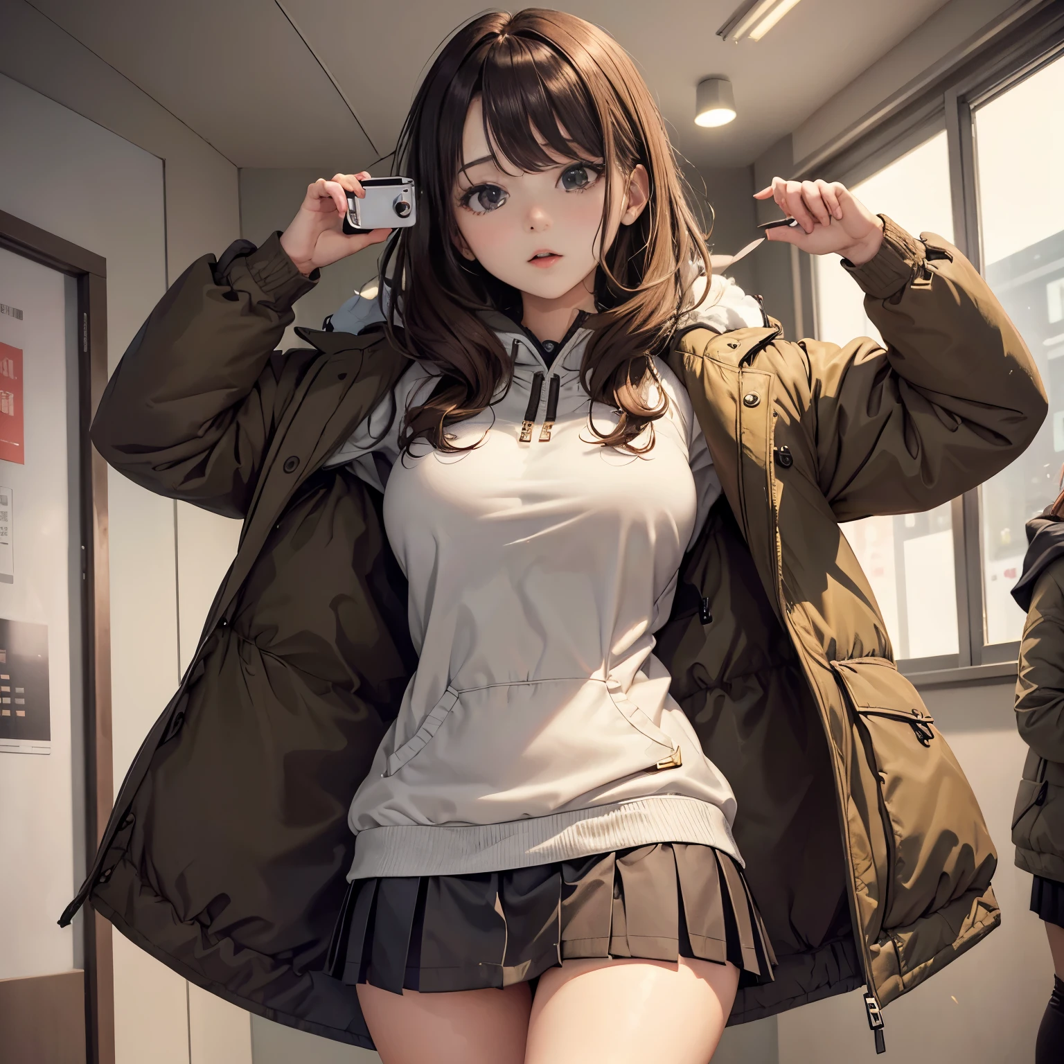 masuter piece, Best Quality, Beautiful 8k wallpaper)), (lovely), (Upper body and face),(((1girl in))),23years old,(Amusement facilities)、((parka、skirt by the))(brown middle hair)、(hold the camera close to your face)