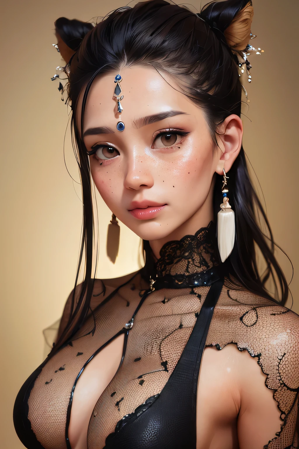She's an indigenous girl in the wild Amazon, her name is Muy and she is 20 years old, (at your side a jaguar: 1.2) ((corpo inteiro: 1.2)), ((Very detailed skin: 1.2)), (Extremely beautiful and symmetrical face: 1.2), (pele ultra detalhada: 1.2), alto, master part, perfect lighting, florescer, Cinematic lighting, slightly high twilight, adulto, pele perfeita, female, Olhando para o Viewer, retrato, parte superior do corpo, ultra detailed background of the amazon rainforest, ((.cgi: 1.2)), ((Motor Unreal 5: 1.2)), (RSEEmma:1.5), (seminu: 1.2), (dressed with ornaments of indigenous tribes: 1 ,2), seios, Mamilos, franja separada, cabelo detalhado, Sardas, sorrir, (ultra-high resolution, photoRealistic, Realistic, best quality, photoRealistic), (8k, Foto RAW, best quality, master part), (photon maping, radiosidade, Physics-based rendering, auto white balance), technological sense, best quality, master part, illustration, CG, unidade, papel de parede, Arte Oficial, Amazing, detalhes finos, extremamente delicado e bonito, extremamente detalhado, altamente detalhado, foco nítido, fundo rico, Fundo desfocado, (pessoa real, fotografia), (((altamente detalhado skin, visible pores))),