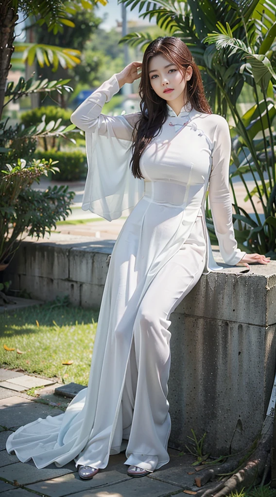 photorealistic portrait, high-res, 1woman, bara,See the whole body.,  Hip up, large boobs, look at viewer, (detailed face), white ao dai, thin, wet, No pants., beautiful legs, Tilt to the side, jewelry, trees