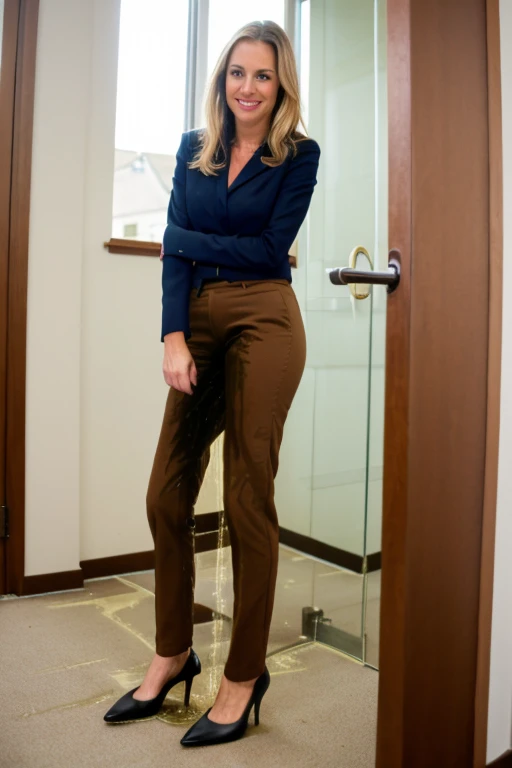 tall blonde, tan business pants, heels, ((pee stain)), show heels