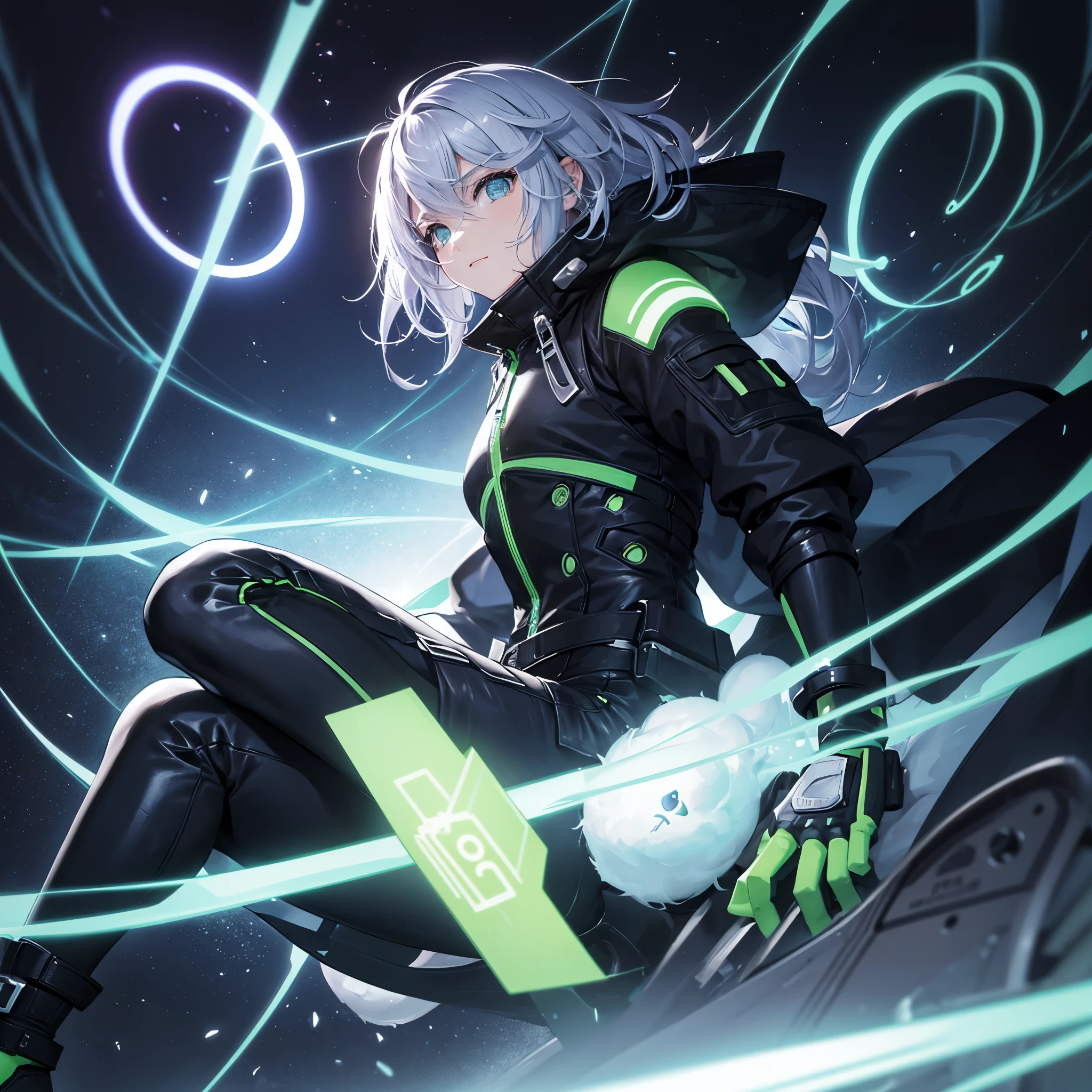 A cyber hero boy rests on a cloud, surrounded by a circle on the screen. Ele veste roupa techwear preta e verde, cabelos longos ao vento, com botas irradiando raios verdes. in the arms, segura um cachorro, compartilhando a jornada. Estilo: desenhado ou anime.