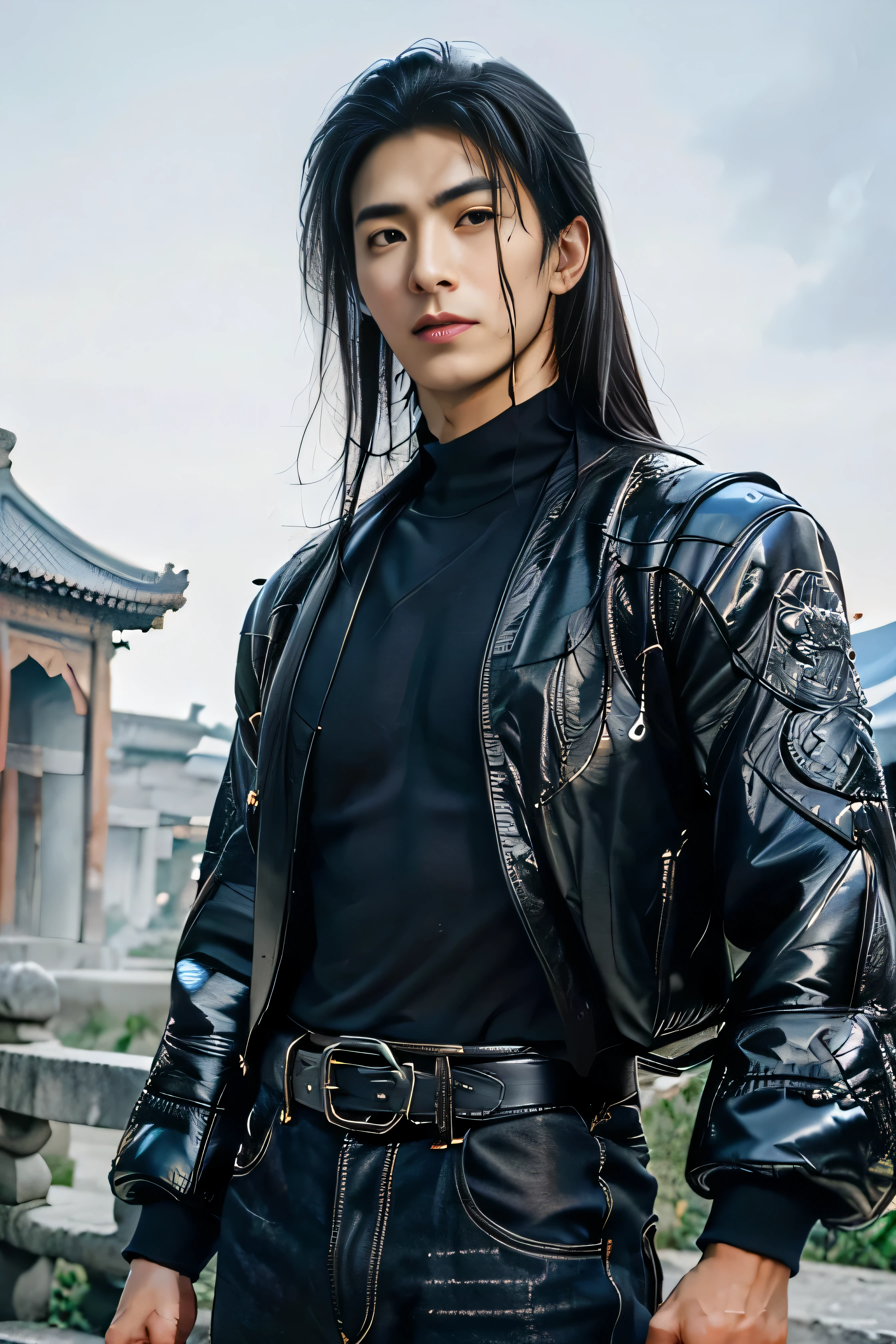 A 21-year-old Asian man，Thick eyebrows, handsome face，Men's full body ，the background is an ancient Chinese town，Time is night。Deep blue sky，A full moon，Pavilions and arch bridges，The limbs have pronounced muscle lines，high-definition photography，Real-world scenarios，Lots of detail, wearing black leather jacket, black jeans, black turtleneck shirt, magic, ((messy long hair)), looking at viewer, devilish gaze at viewer