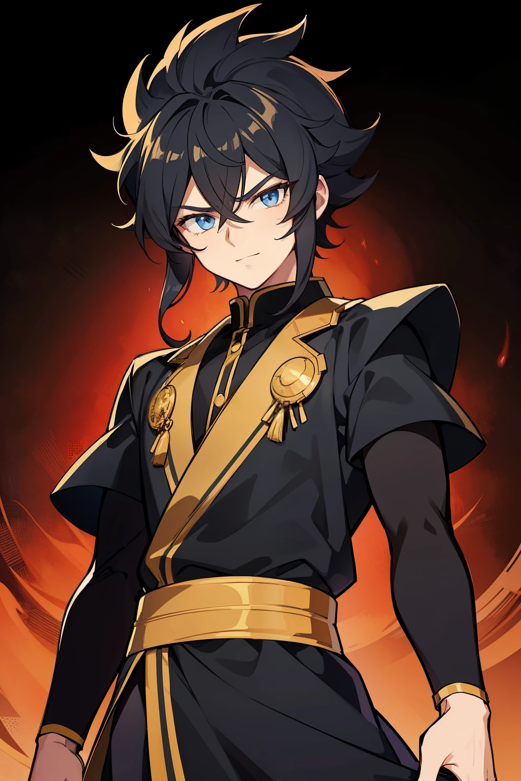 (high-quality, breathtaking),(expressive eyes, perfect face) portrait, 1boy, male, solo, young kid, child, black hair, blue coloured eyes, stylised hair, gentle smile, medium length hair, loose hair, side bangs, curley hair, really spiky hair, spiked up hair, looking at viewer, portrait, ancient greek clothes, black long sleeved tunic gold trim around collar edges and down middle, greek, red and gold sash, simple background, slightly narrow eyes, masculine face, masculine eyes, baby face,happy expression, clothes similar to Hypnos Saint Seiya