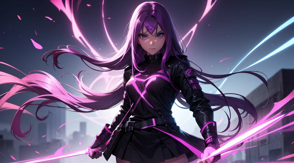 rider, purple hair, digital illustration, vibrant colors, soft lighting, glowing effects, perfect face, glowing effects, absurdres, ultrasharp, 8K, long hair, seductive, duel knives, chains, assassin, short skirt