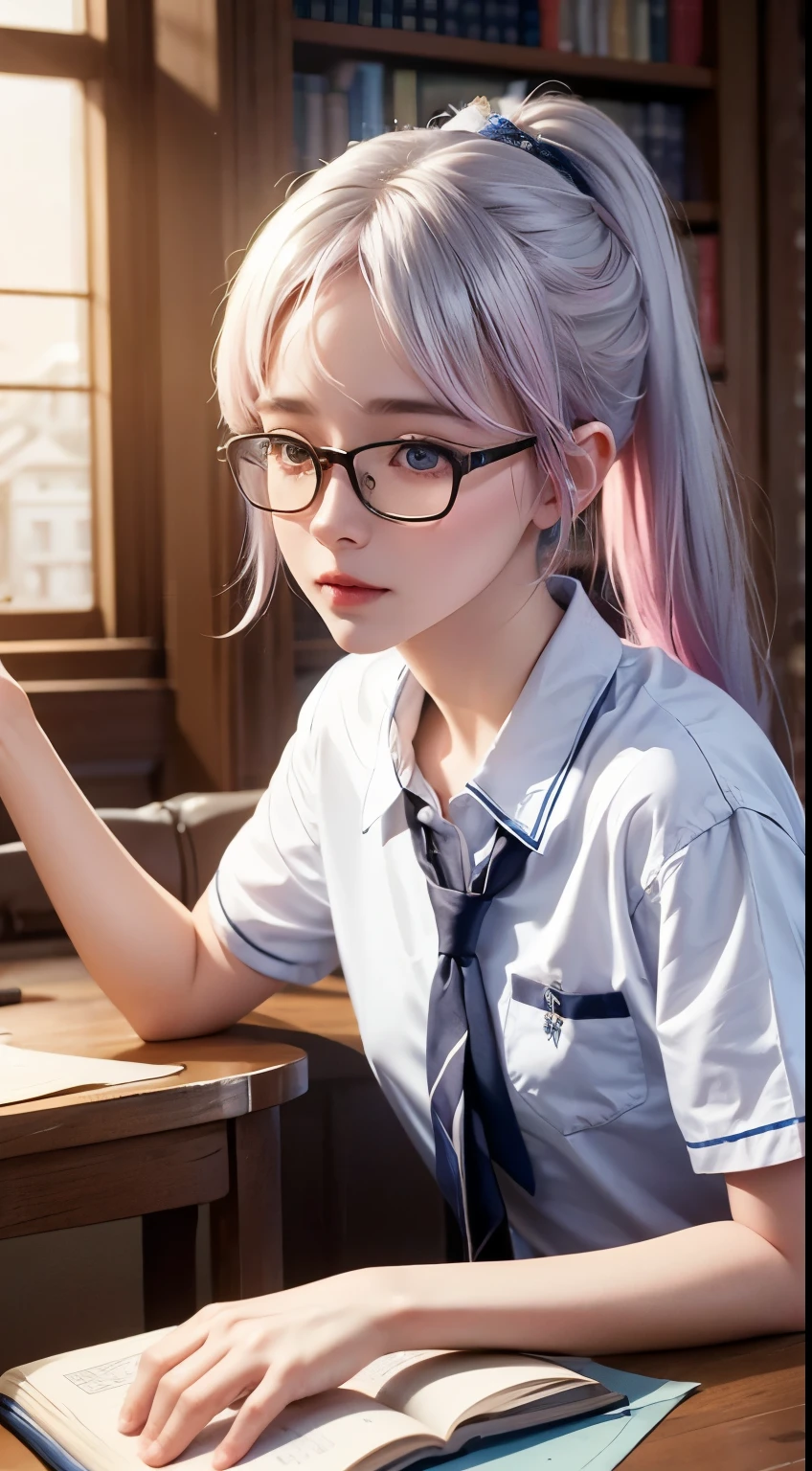 Best quality at best,tmasterpiece,Extremely Delicately Beautiful,The content is very detailed,CG,gatherings,8k wallpaper,An Astonishing,depth of fields,1 little Chinese girl,12 year old Chinese child,Very cute look,delicate skin,Flawless Face,plain face,white color hair,mid - length hair,high ponytails,Striped hair, There are two strands of white hair on both sides of the ears,Wear pink hair accessories,The color of the eyes is blue,Elaborate Eyes,Wear fine-rimmed glasses), Eyes sparkle,sad face, (Wear a school uniform,white short sleeve), sitting down, Learn,intermittently, lying on the table, get a pencil, opened book, glass of milk, table light, intermittently, in library, wall decorate, Mini library, glass window, wall clock, intermittently, 电影灯光, realistically, tmasterpiece, Best quality, Complex CG, The face is very detailed, High detail eyes