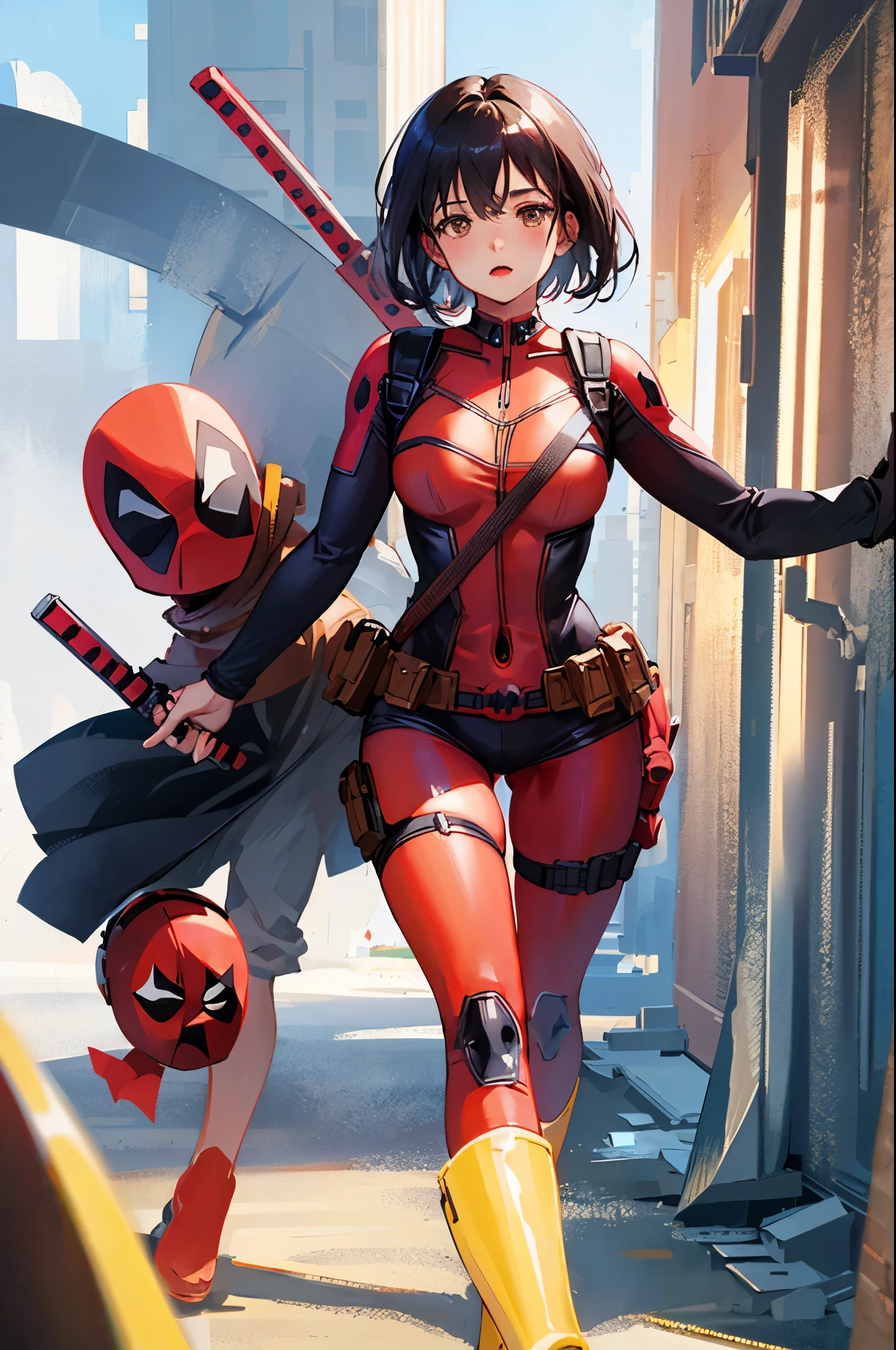 ( High quality )female deadpool, unmasked, short black hair, brown eyes