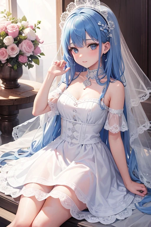 anime girl with blue hair and white dress sitting on a blue floor, in dress, guweiz on pixiv artstation, mikudayo, guweiz on artstation pixiv, guweiz, anime art wallpaper 8 k, anime art wallpaper 4 k, anime art wallpaper 4k, anime style 4 k, 4k anime wallpaper