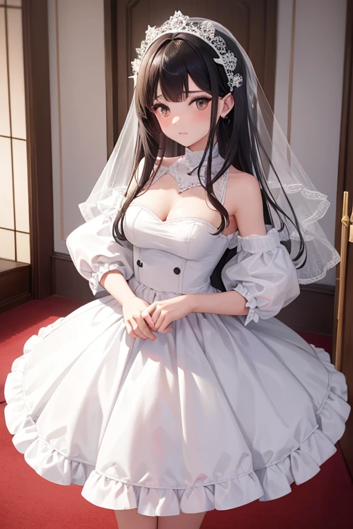 novia, Llevar un vestido de novia blanco, Reina, feliz, ((frente para mostrar)), En pie, Entrar en la iglesia, cabello rosado, delicado, joven, Cara detallada, a high definition, ((cuerpo completo)), (flores a su alrededor), escote