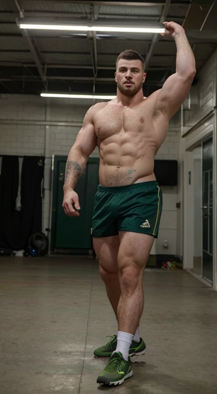 Harry Potter badass, 17 years old, military haircut, black hair, intense green eyes fixed, intense gaze, affiliated features, no facial hair, height 1.93, weight 90 kg, muscular and corpulent build, broad shoulders, V-shaped body, dragon tattoos, full body focus, completely hairless,