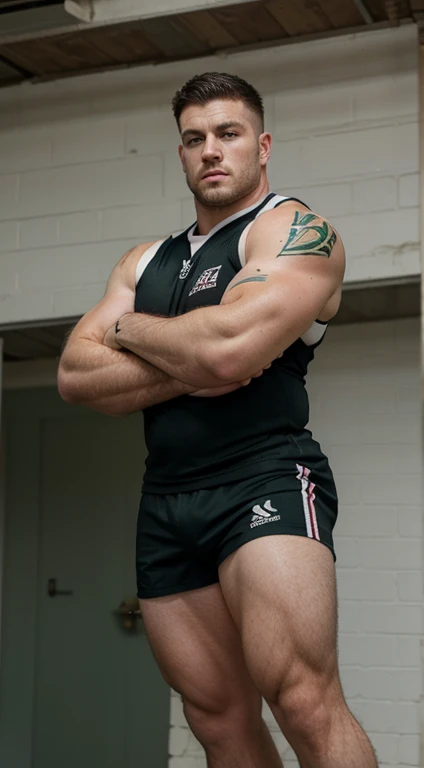 white man rugby player , 30 years old, military haircut, black hair, intense green eyes, intense gaze, affiliated features, no facial hair, height 1.93, weight 100 kg, muscular build, broad shoulders, V-shaped body, tattoos, full body focus, completely hairless,