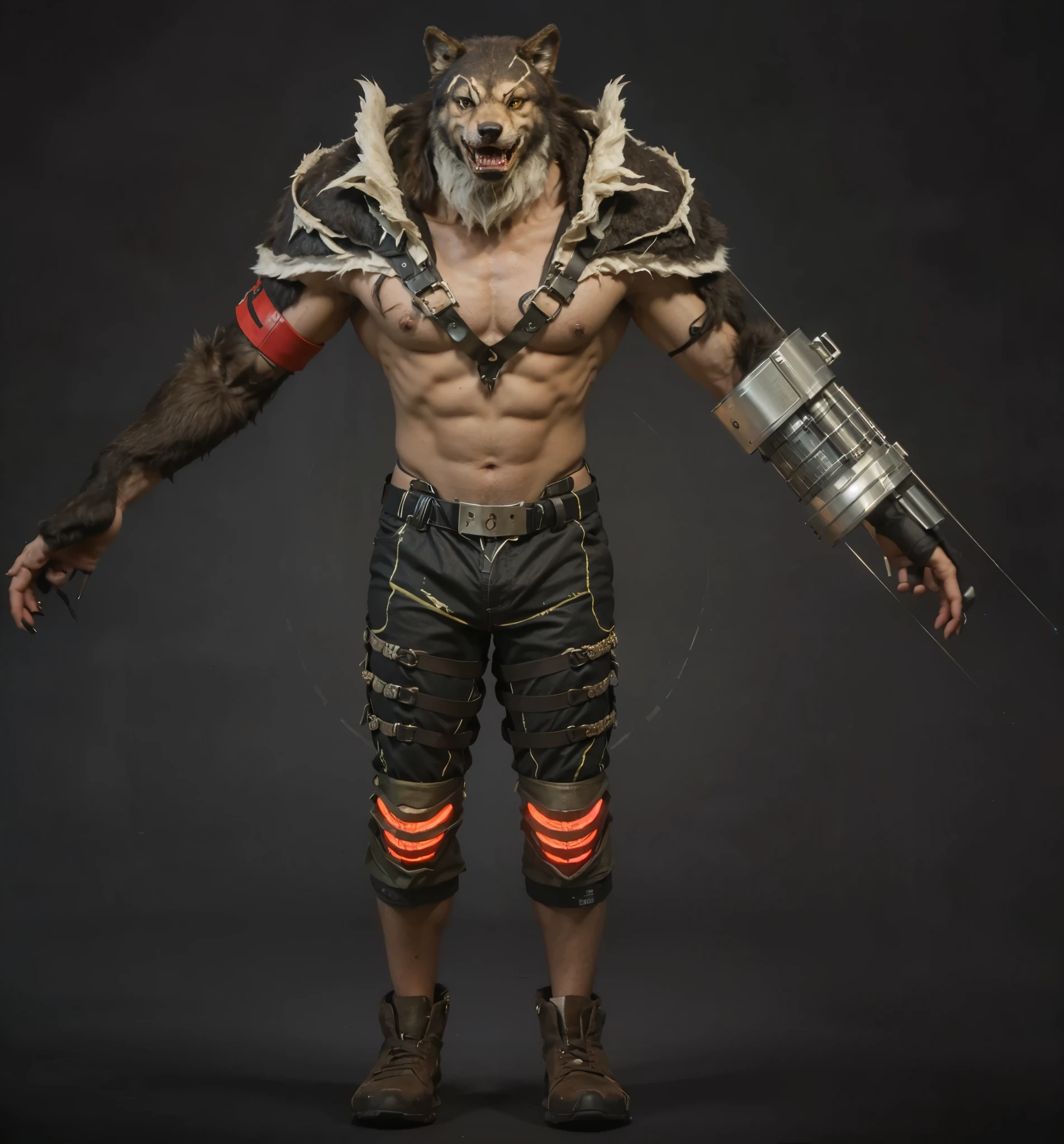 (masterpiece),(best quality:1.0),(ultra high resolution:1.0),monster, lycanthrope, menacing look, wolf's head, wolfteam,shorts, face focus, 8k wallpaper, full body