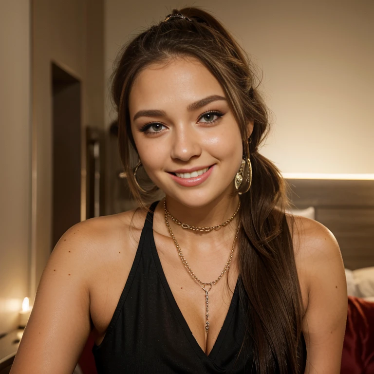Jessica Degg short chubby face brunette long ponytail straight hair Caucasian freckles fake tan eyelashes dark eyes eyeshadow make up smiling jewellery short chains full body in shot