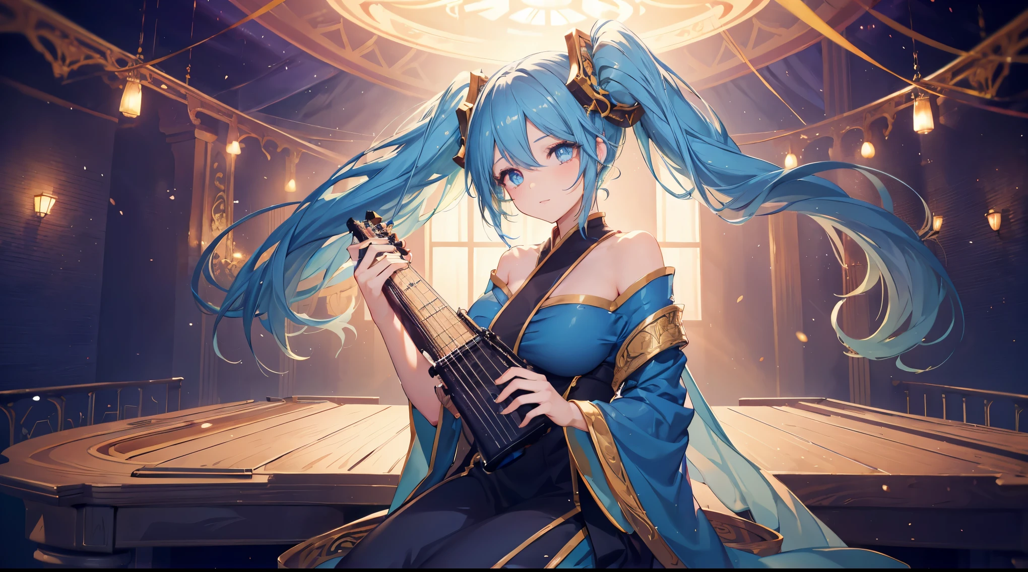 a anime girl playing her instrument on stage filled with dreamy stars and beautiful lights, ((4k, masterpiece, top-quality)),8k, best quality, high resolution, HD, unity 8k wallpaper, (illustration:0.8), (beautiful detailed eyes:1.6), extremely detailed face, perfect lighting, extremely detailed CG, (perfect hands, perfect anatomy), super complex details, intricate details, long hair, bangs, 1 girl, (((solo)))sona \(league of legends\), blue hair, blue eyes, blue dress, gradient hair, twintails, hair ornament, instrument, stage, (((pian)))