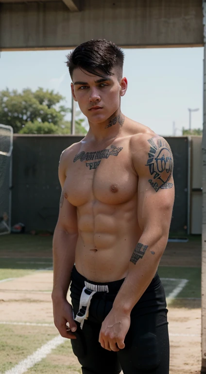 Young white women American football player , , punk haircut, black hair, intense blue eyes, intense gaze, affiliated features, no facial hair, height 1.88, weight 90 kg, muscular build, broad shoulders, V-shaped body, tattoos, full body focus, completely hairless,