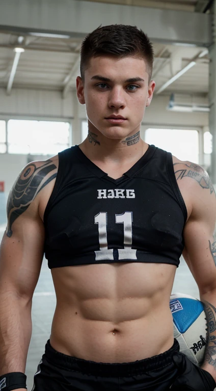 Young white women American football player , 17 years old, punk haircut, black hair, intense blue eyes, intense gaze, affiliated features, no facial hair, height 1.88, weight 90 kg, muscular build, broad shoulders, V-shaped body, tattoos, full body focus, completely hairless,