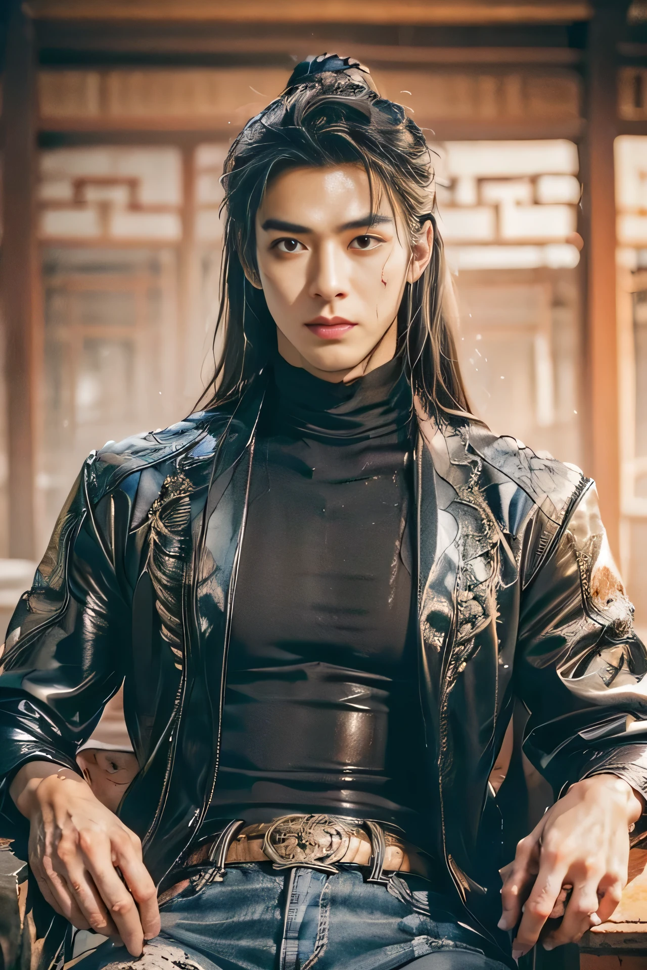 A 21-year-old Asian man,Thick eyebrows, handsome face,Men's full body ,the background is an ancient Chinese town,full moon,Pavilions and arch bridges,The limbs have pronounced muscle lines,high-definition photography,Real-world scenarios,Lots of detail, wearing black leather jacket, black jeans, black turtleneck shirt, magic, ((messy long hair)), looking at viewer, devilish gaze at viewer