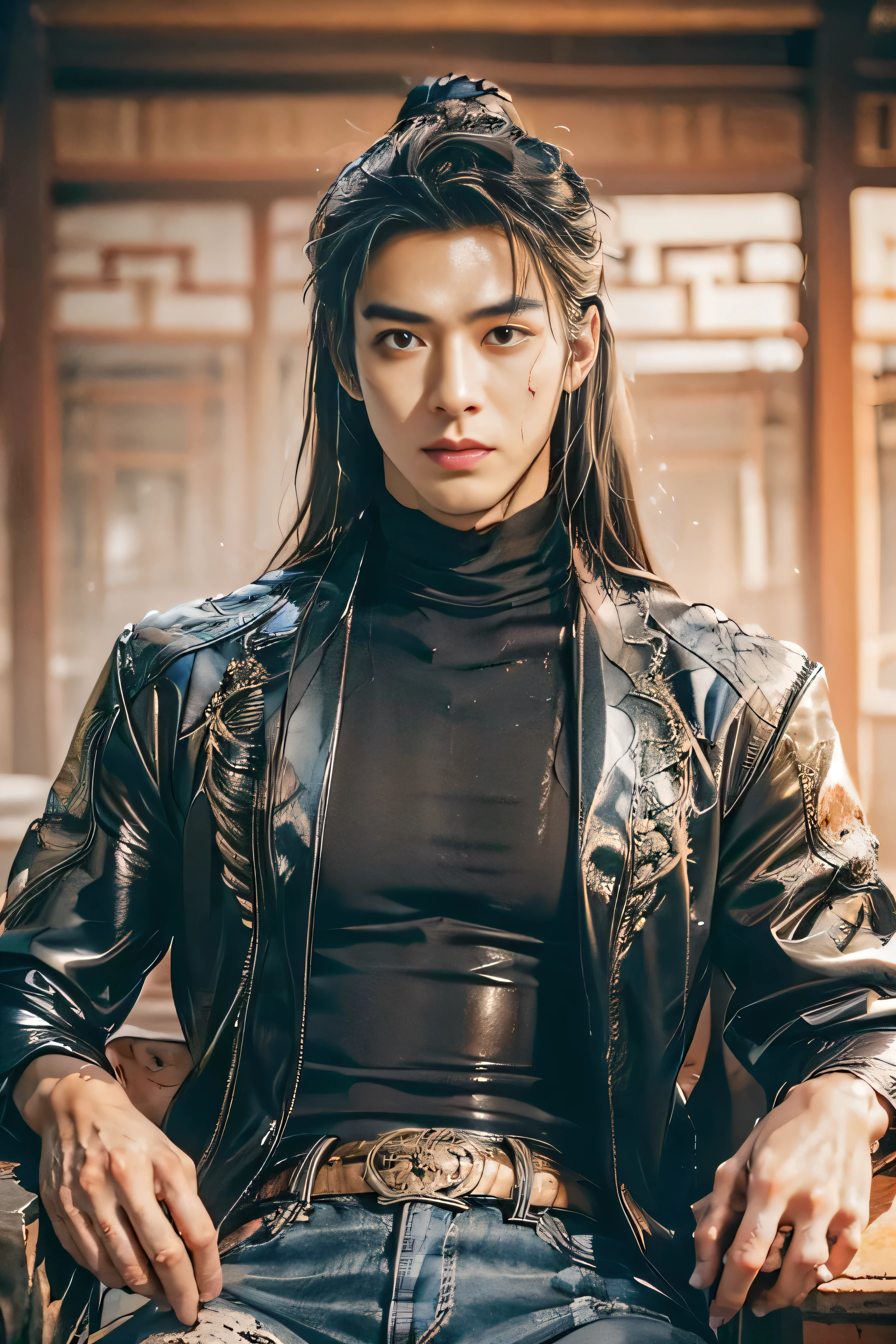 A 21-year-old Asian man,Thick eyebrows, handsome face,Men's full body ,the background is an ancient Chinese town,full moon,Pavilions and arch bridges,The limbs have pronounced muscle lines,high-definition photography,Real-world scenarios,Lots of detail, wearing black leather jacket, black jeans, black turtleneck shirt, magic, ((messy long hair)), looking at viewer, devilish gaze at viewer