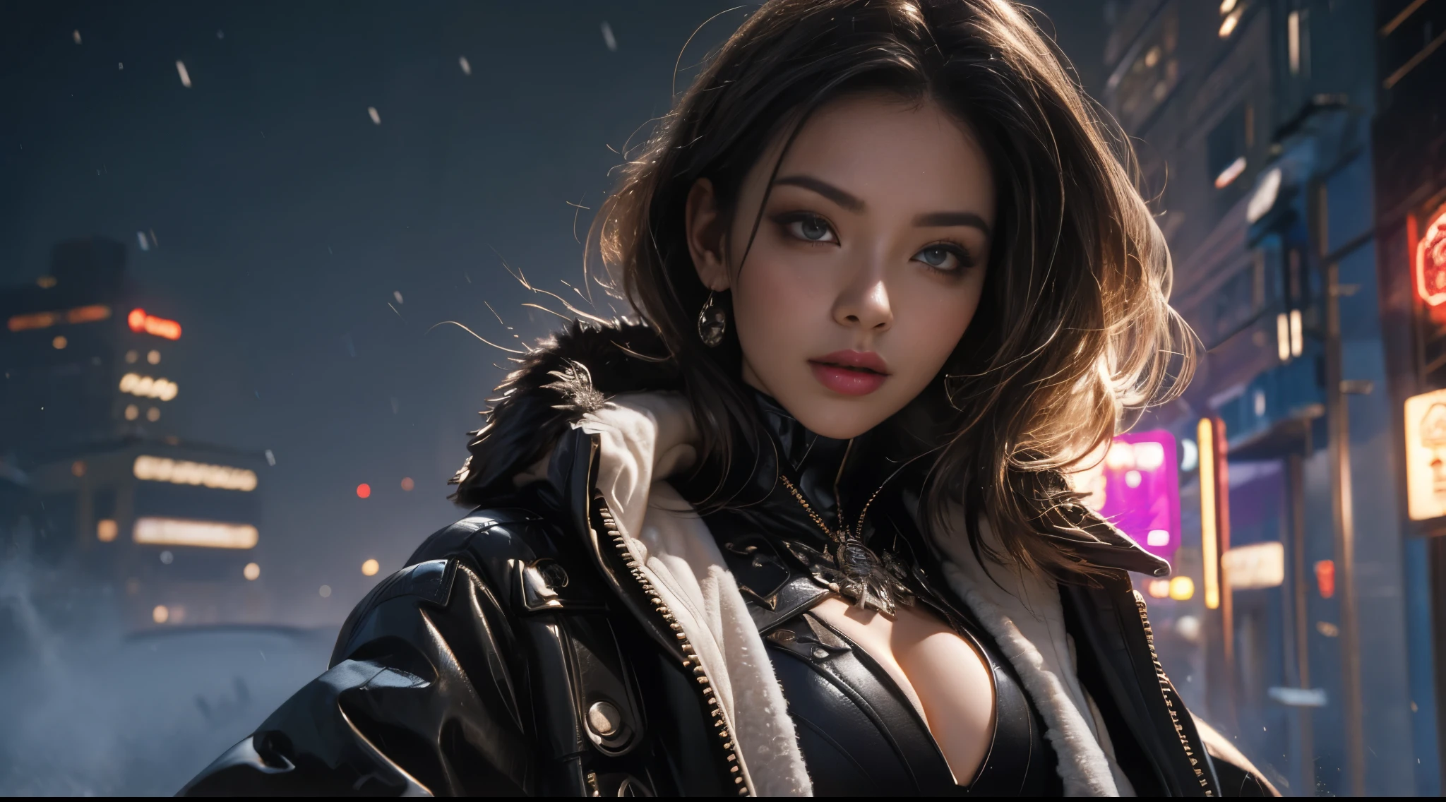 tmasterpiece,quality,Best quality at best,offcial art,(Beauty and aesthetics:1.2),(tmasterpiece:1.3),The cities of the future,cyber punk personage,one-girl,Fur coat,did not wear underwear,Sexy figure,looking at the camera in,(closeup cleavage:1.8),volume fog,snow cover,nevando,theatrical,Christmas Eve,the night
