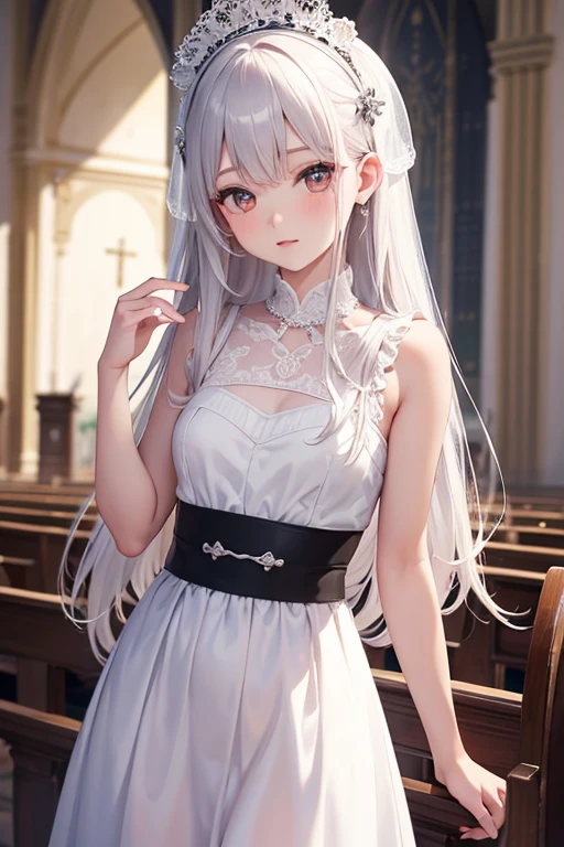 novia, Llevar un vestido de novia blanco, Reina, feliz, ((frente para mostrar)), En pie, Entrar en la iglesia, cabello rosado, delicado, joven, Cara detallada, a high definition, ((cuerpo completo)), (flores a su alrededor), sexy