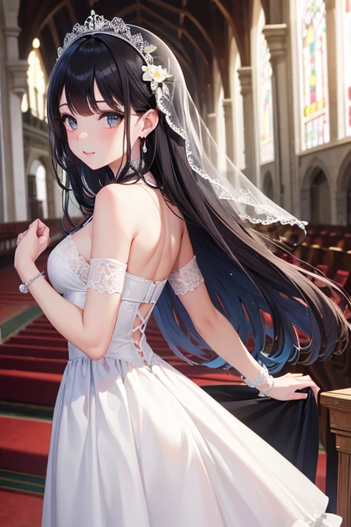 novia, Llevar un vestido de novia blanco, Reina, feliz, ((frente para mostrar)), En pie, Entrar en la iglesia, cabello rosado, delicado, joven, Cara detallada, a high definition, ((cuerpo completo)), (flores a su alrededor), sexy