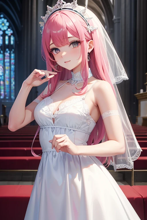 In the church,Masterpiece,detailed eye,detailed skin,detailed face,shiny skin,detailed hair,white skin,perfect lighting,shiny lips,growing eyes,8k,wallpaper, anime coloring  ,Lacus clyne,gundam seed , wing gundam,smile,pink hair, straight hair,blue eyes , (((hair ornament,luxurious white lace wedding dress, realistic designed dress,beautiful things,white knee socks ,realistic white lace panties,white lace bra ))),cleavage,very long hair, kneeling ,anime key visual ,slender limbs, delicate curves, dainty hands, tiny feet,figure:0.8