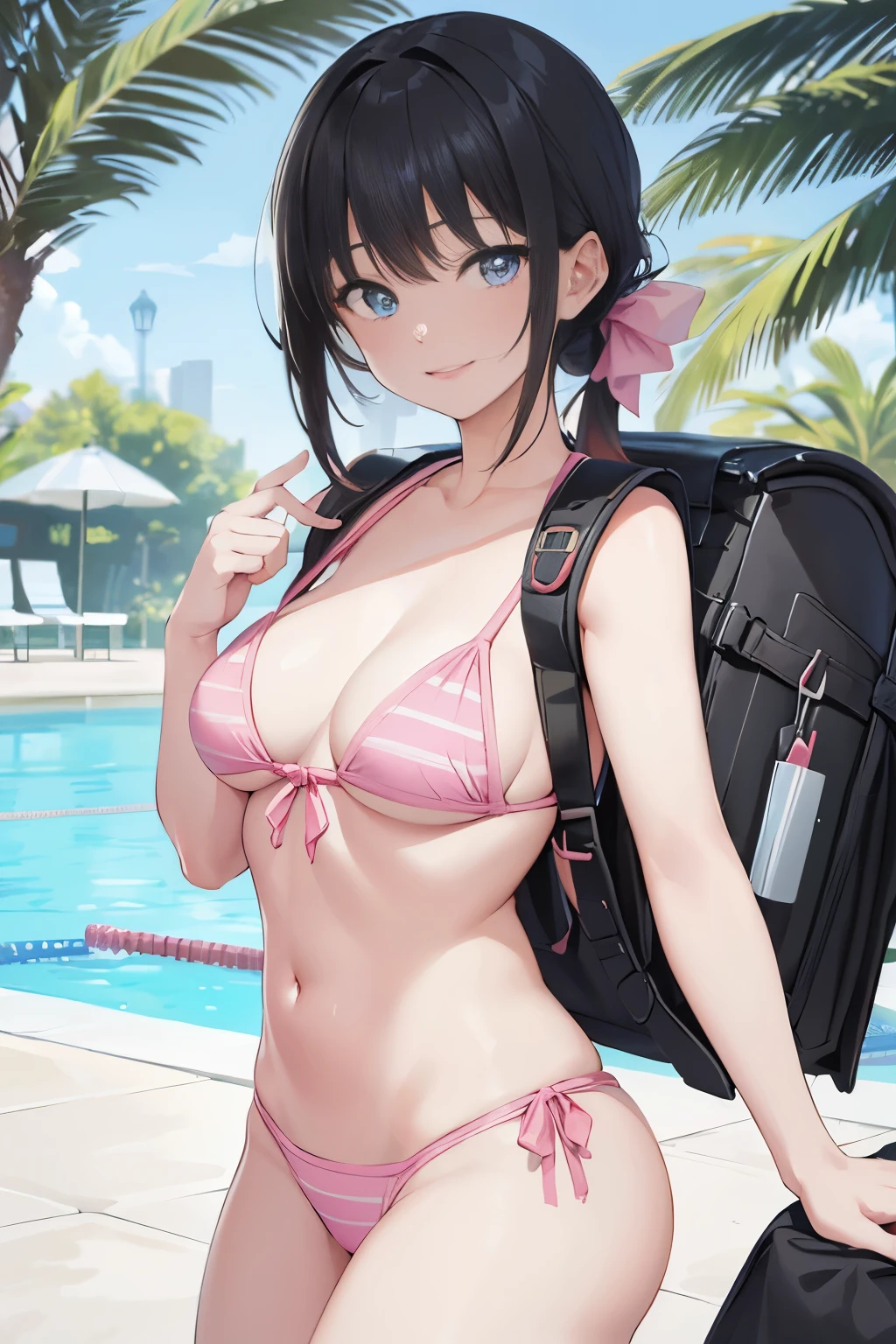 masterpiece, best quality, high resolution, extremely detailed, detailed background, cinematic lighting, 1girl, looking at viewer1 girl, black hair, blue eyes, smile, bikini,pool,wearing pink randoseru backpack, (randoseru backpack:1.0)