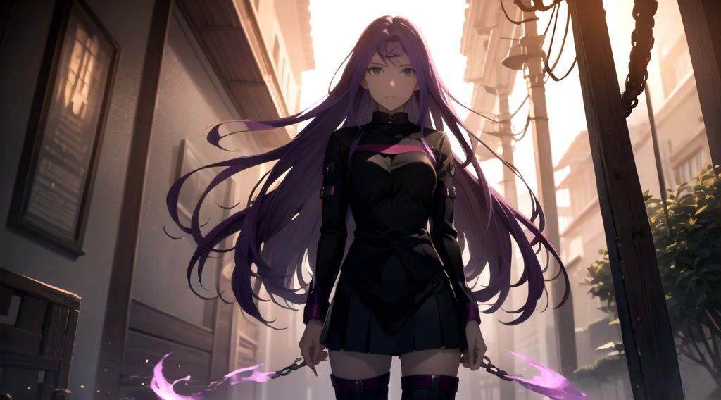 rider, fate/stay night, purple hair, digital illustration, vibrant colors, soft lighting, glowing effects, perfect face, glowing effects, absurdres, ultrasharp, 8K, long hair, seductive, duel knives, chains, assassin, short skirt