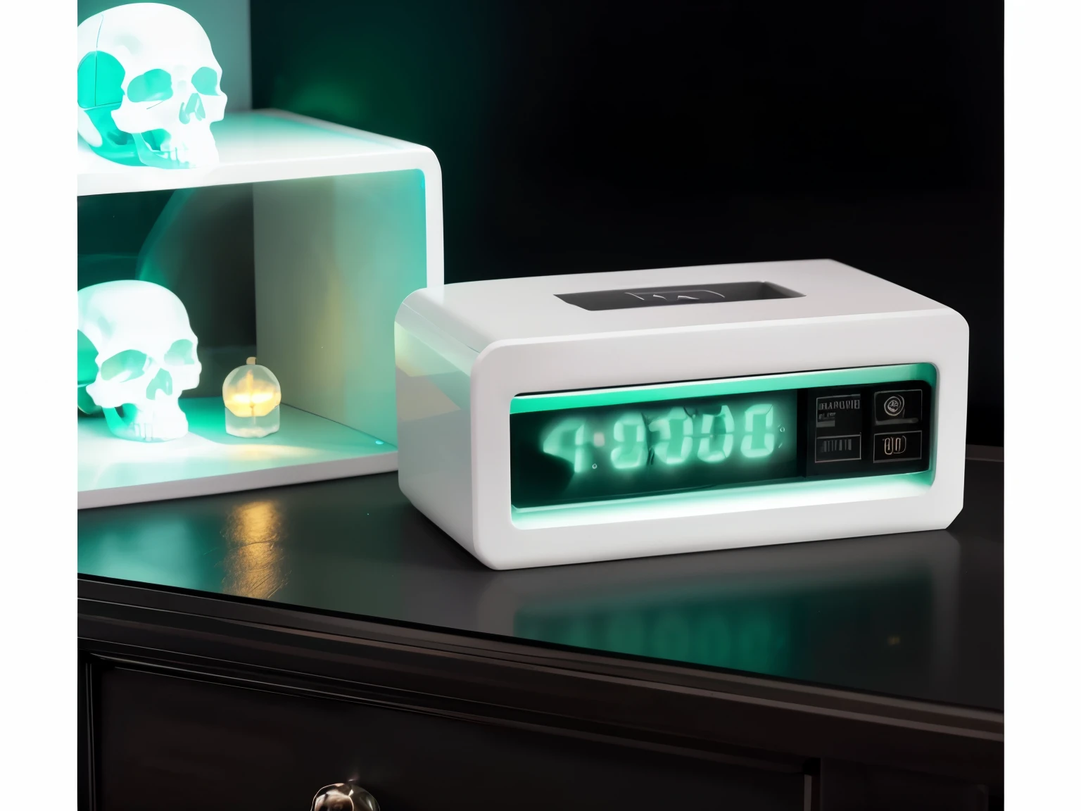 there is a clock that is on a table with a skull on it, hero shot, angled view, top angle view, green ambient light, full product shot, alarm clock, ambient teal light, white finish, right angled view, full lenght view. white plastic, ambient green light, underlit, neon ambient lighting, product design shot, in a medium full shot