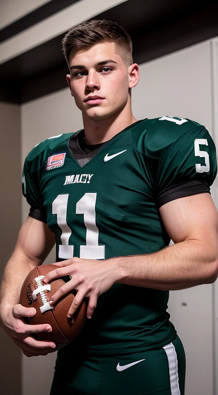 Young white man american football player, , military haircut, dark black hair, intense green eyes, intense gaze, affiliated features, no facial hair, height 1.93, weight 96 kg, muscular and corpulent build, broad shoulders, V-shaped body, full body focus, completely hairless,